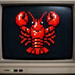 An 8-bit pixel art red lobster displayed on a retro CRT monitor, bold red claws and segmented body against a dark background