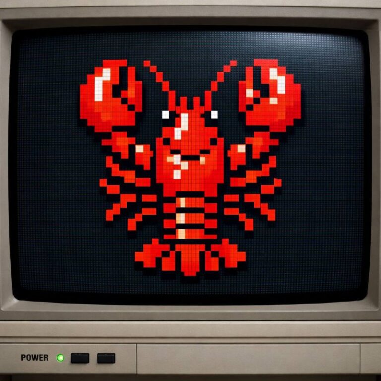 An 8-bit pixel art red lobster displayed on a retro CRT monitor, bold red claws and segmented body against a dark background